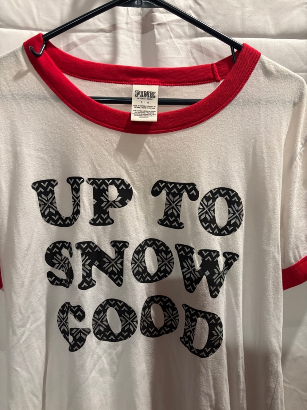 PINK Victoria's Secret Women’s  "Up To Snow Good" Red-Trim Graphic Tee